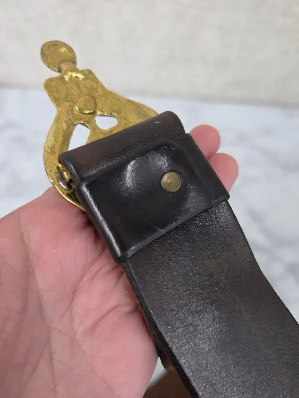Vintage Deep Brown Leather Belt Gold Tone Brass Mod Brutalist Sculpted Buckles